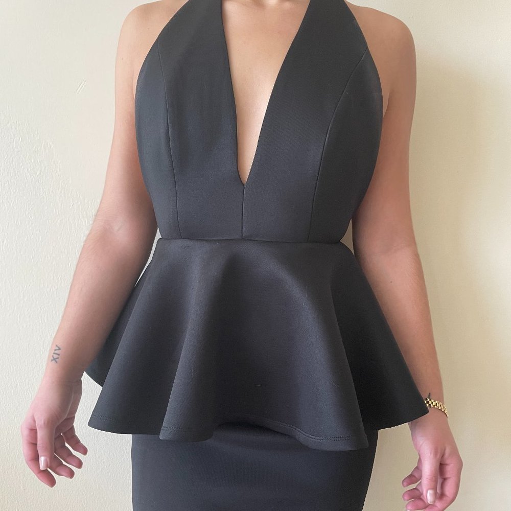 BLACK PEPLUM HALTER DRESS